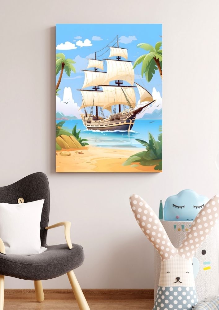 Tablou canvas pentru camera copiilor, cu o corabie de pirați - 70 cm x 90 cm